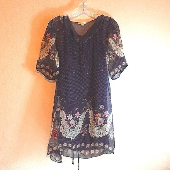 Anthropologie Trinity Purple 100% Silk Empire Waist 90s Sheer Floral Mini-Dress - Picture 2 of 15